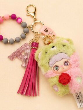 Kawaii Doll Keychain with Beaded Bracelet & Pink Tassel